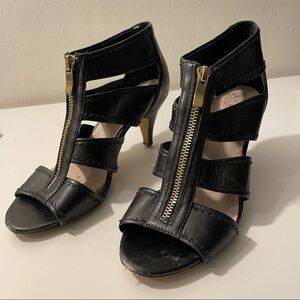 Vince Camuto Front Zip Black Heels with Gold Hardware